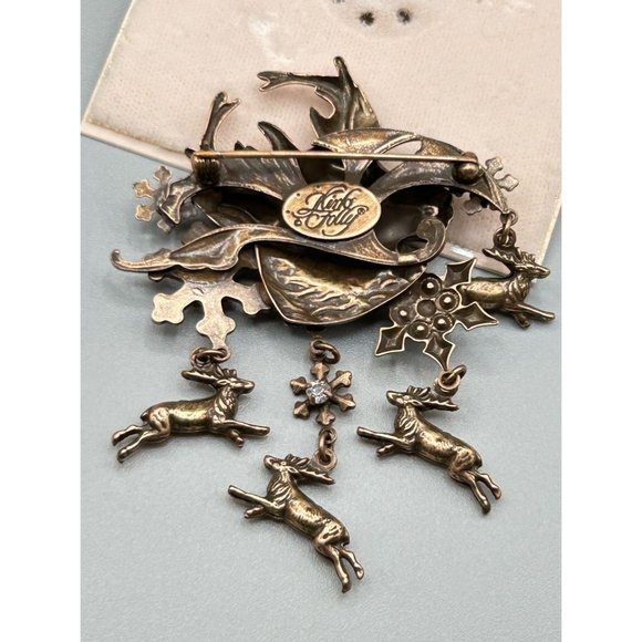 Kirks Folly Deer Reindeer Pin Brooch Dangles Snowflakes New Old Stock On Card - Picture 4 of 5